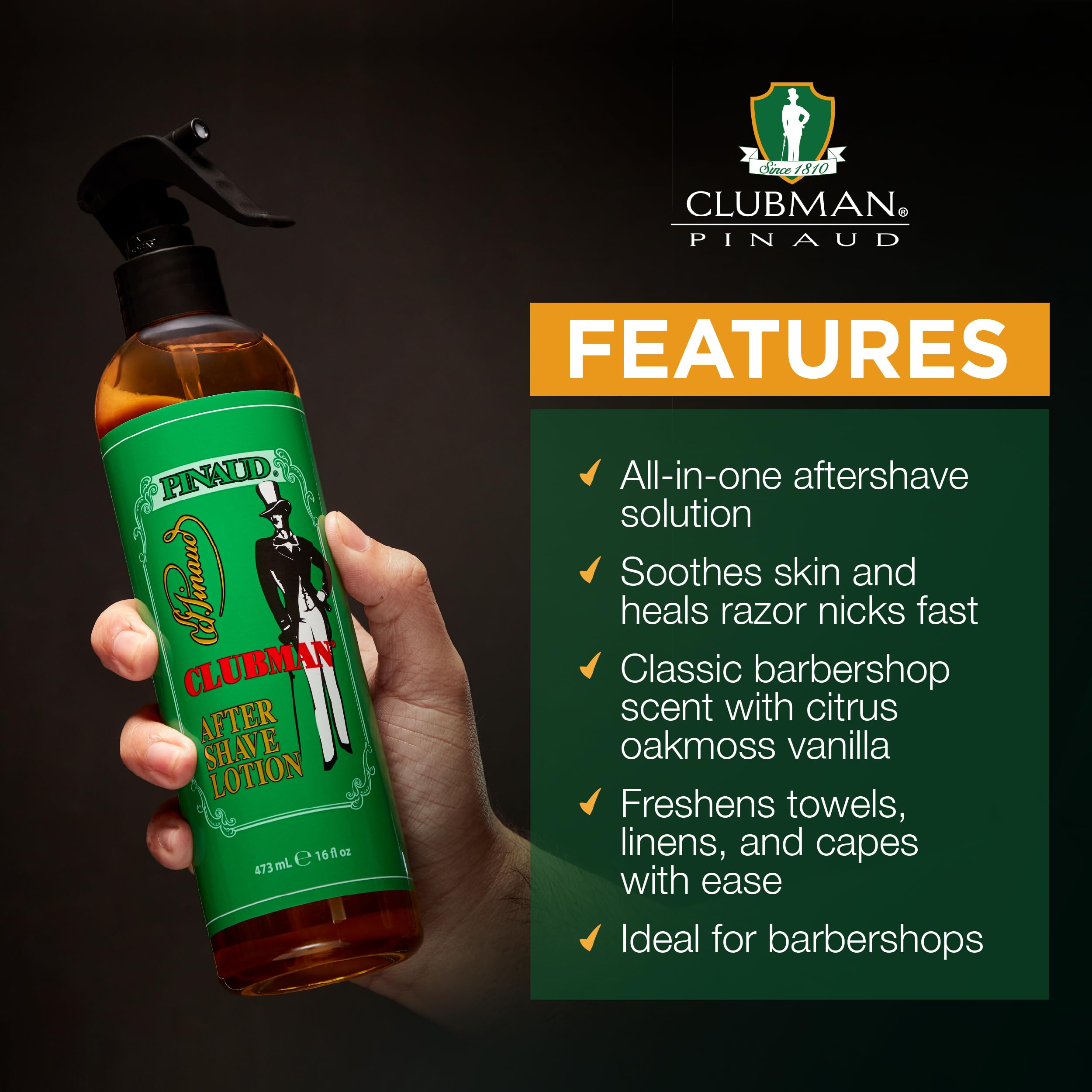 Clubman Lotion Après-Rasage en aérosol, parfum classique rappelant l'ambiance d'un barbier.