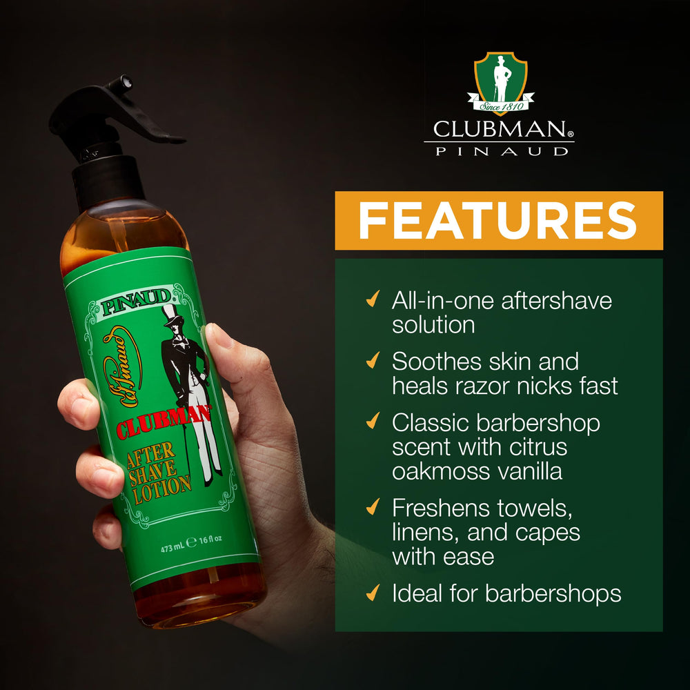Clubman Lotion Après-Rasage en aérosol, parfum classique rappelant l'ambiance d'un barbier.