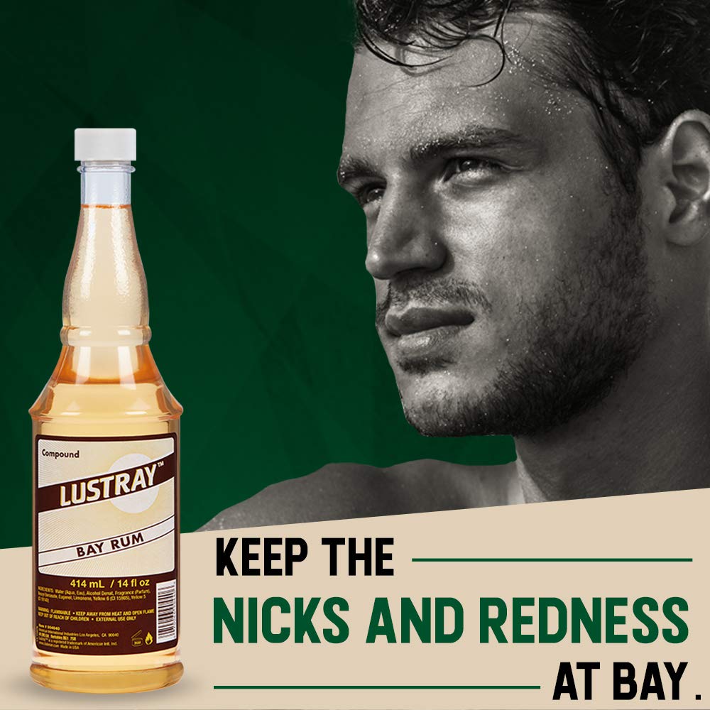 Clubman Lustray Bay Rum, étiquette vintage, souligne l'authenticité et l'ambiance barbier.