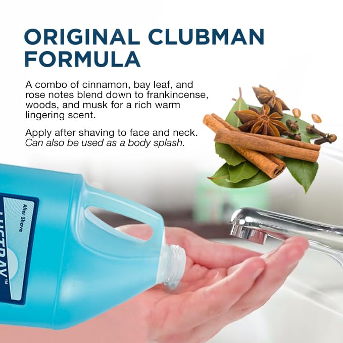 Application sur le visage avec Clubman Lustray Blue Spice, fraîcheur et confort.