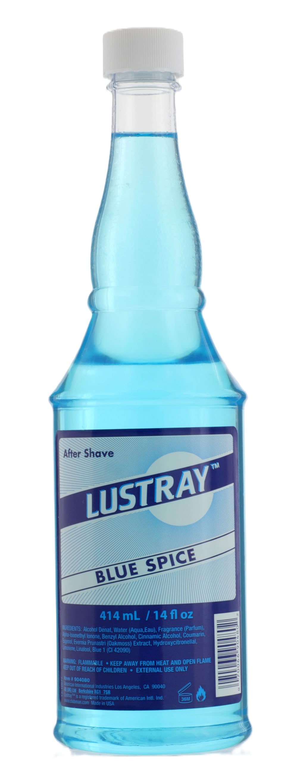 Clubman Lustray Blue Spice, flacon après-rasage 14 oz pour fraîcheur durable.