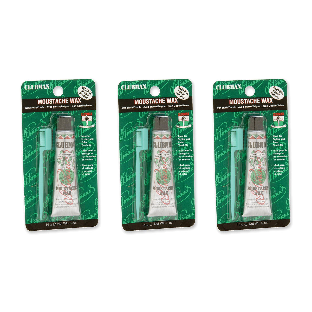 Clubman Pinaud cire moustache avec applicateur-brosse pour une tenue naturelle et précise.
