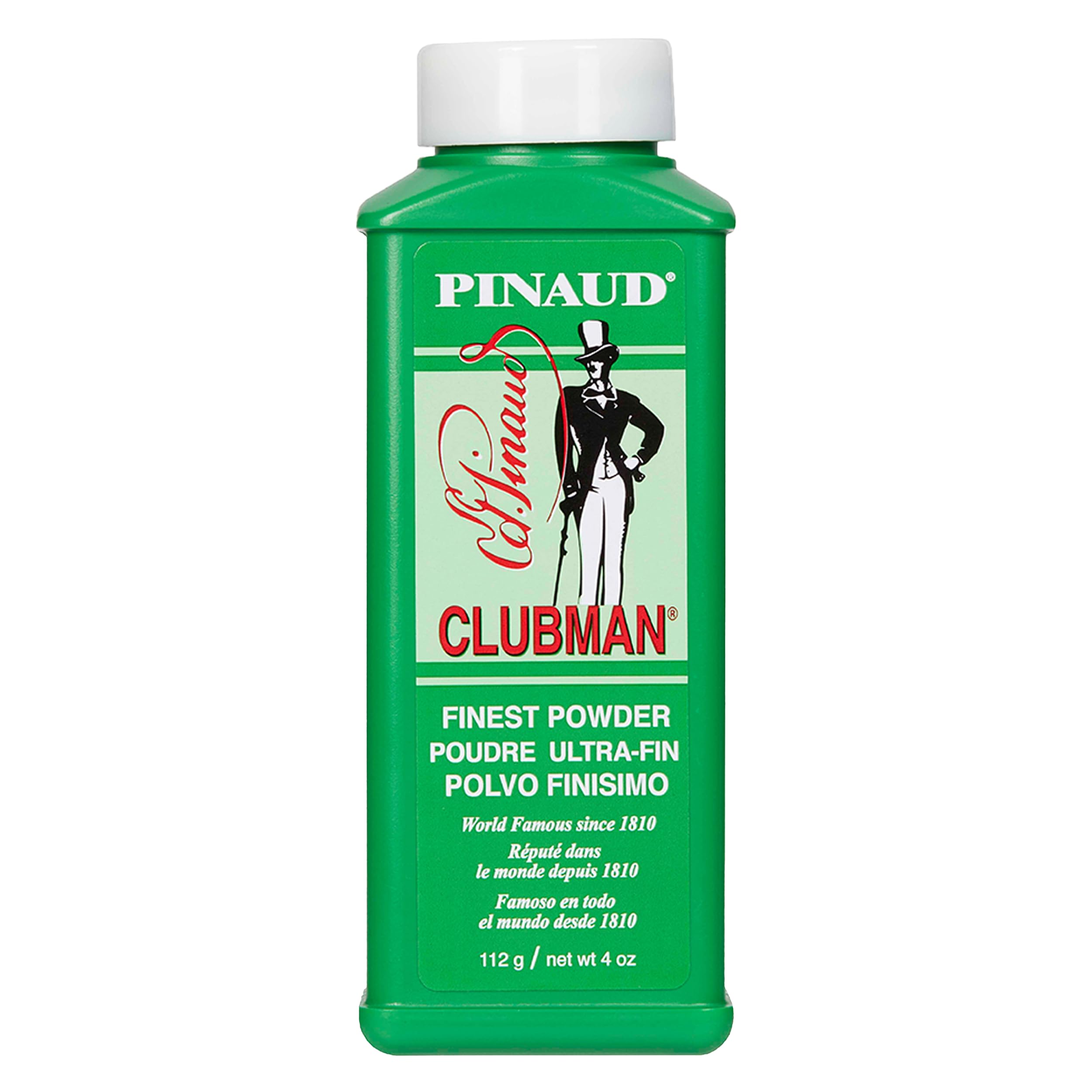Poudre Clubman Pinaud Blanche dans son emballage, absorption légère et soin discret.