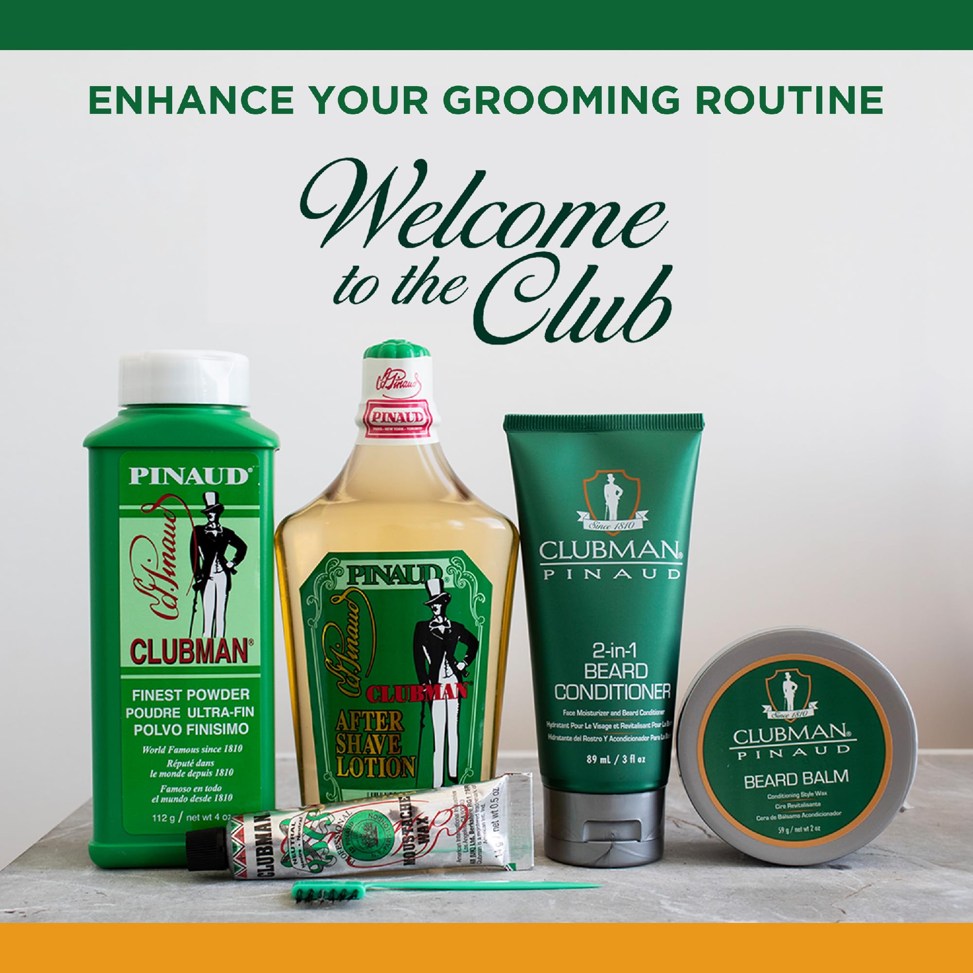 Clubman Pinaud routine soin visage avec cire moustache et favoris.