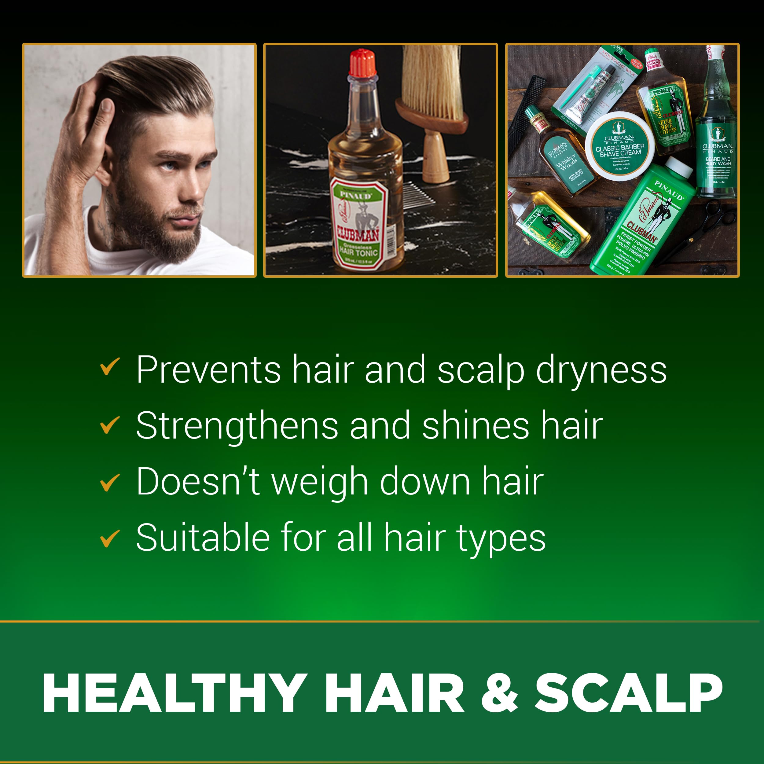 Brillance naturelle des cheveux grâce au tonique Clubman Pinaud