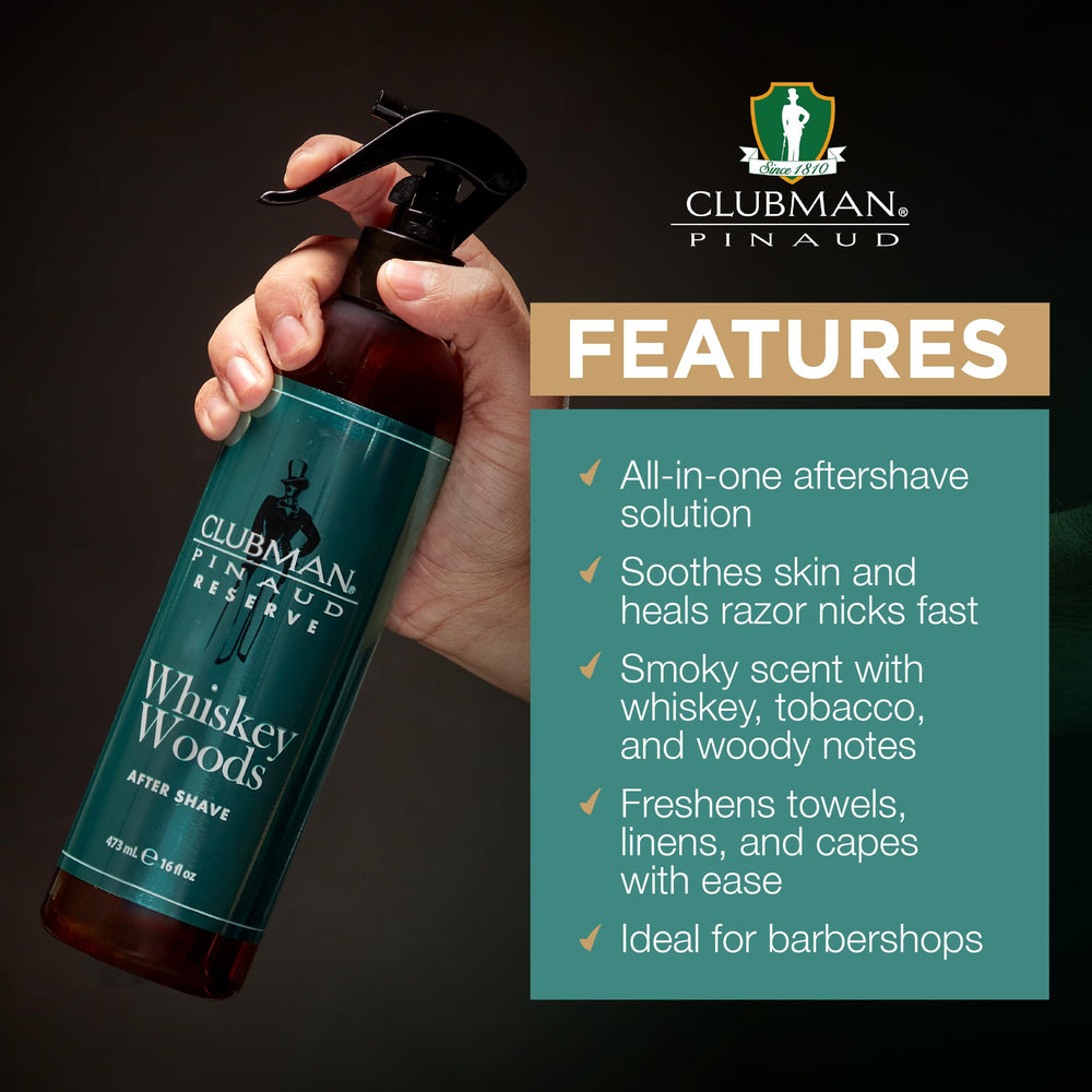 Clubman Reserve Whiskey Woods, application sur la peau, sensation fraîche et masculine.