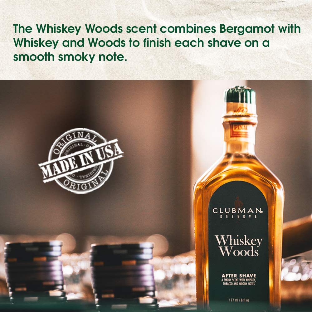 Clubman Reserve Whiskey Woods – parfum boisé qui prolonge la sensation de rasage.