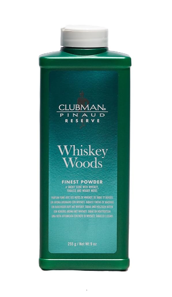 Clubman Reserve Whiskey Woods poudre fine absorbe l’humidité pour peau fraîche.