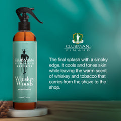 Clubman Reserve Whiskey Woods, pulvérisateur pratique, application facile après rasage.