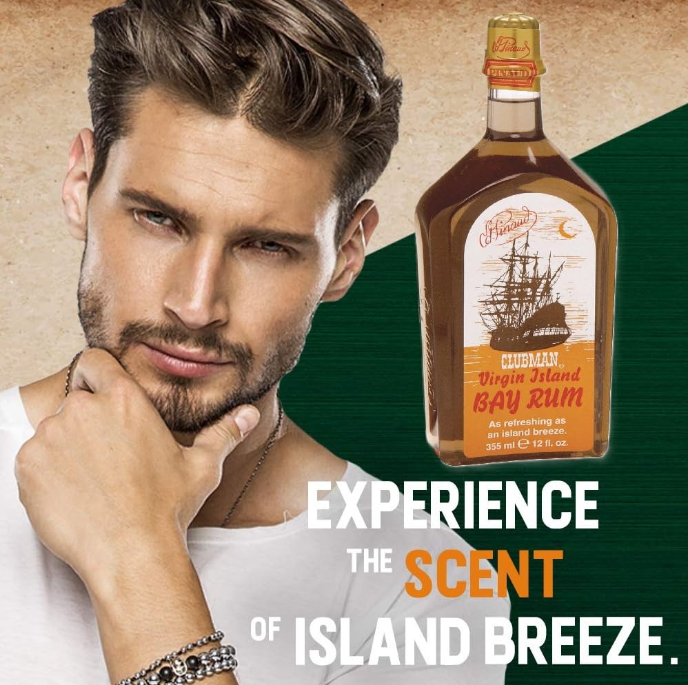 Clubman Virgin Island Bay Rum - Étiquette classique évoquant l’héritage barbier.