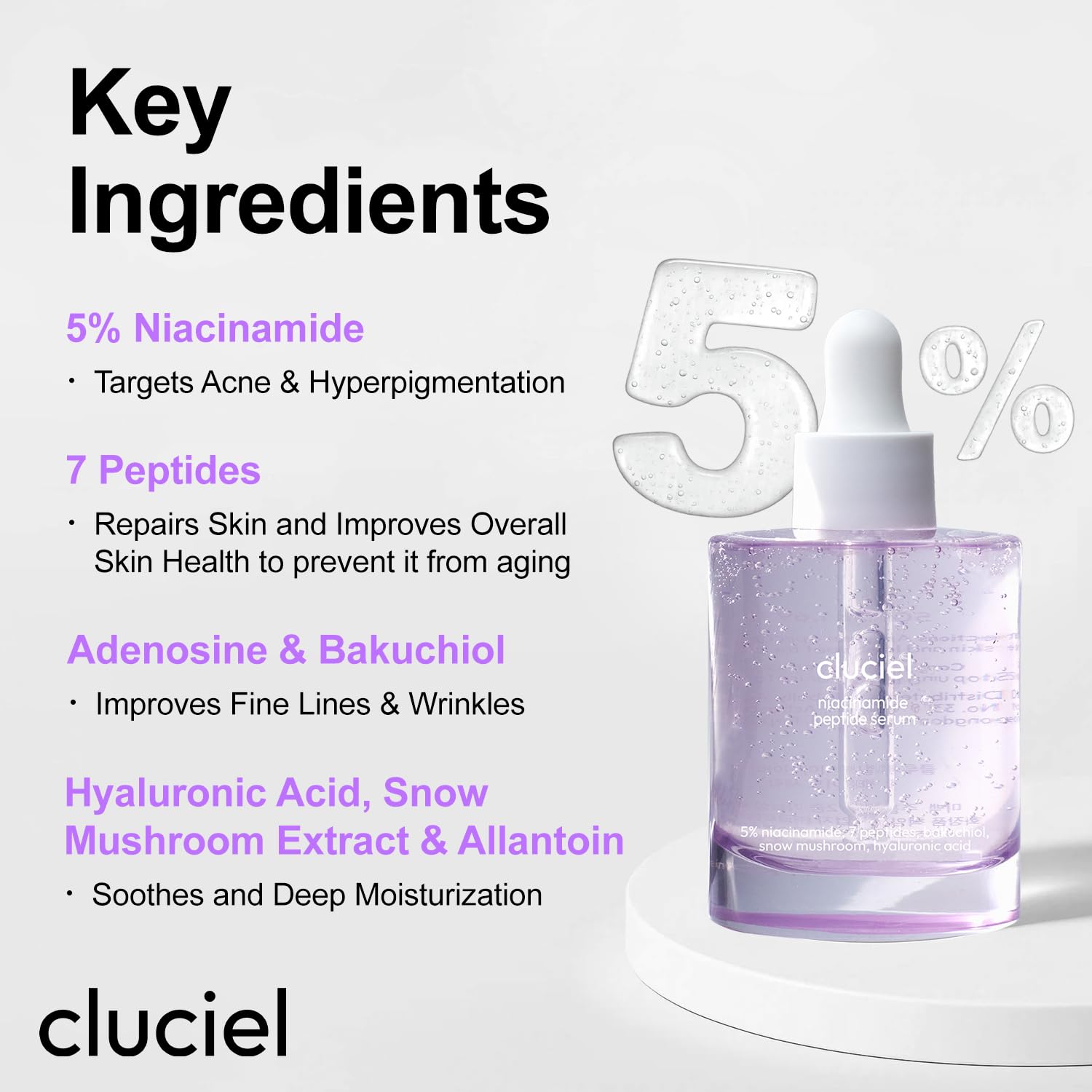 cluciel Niacinamide Peptide Serum, emballage écoresponsable et vegan.