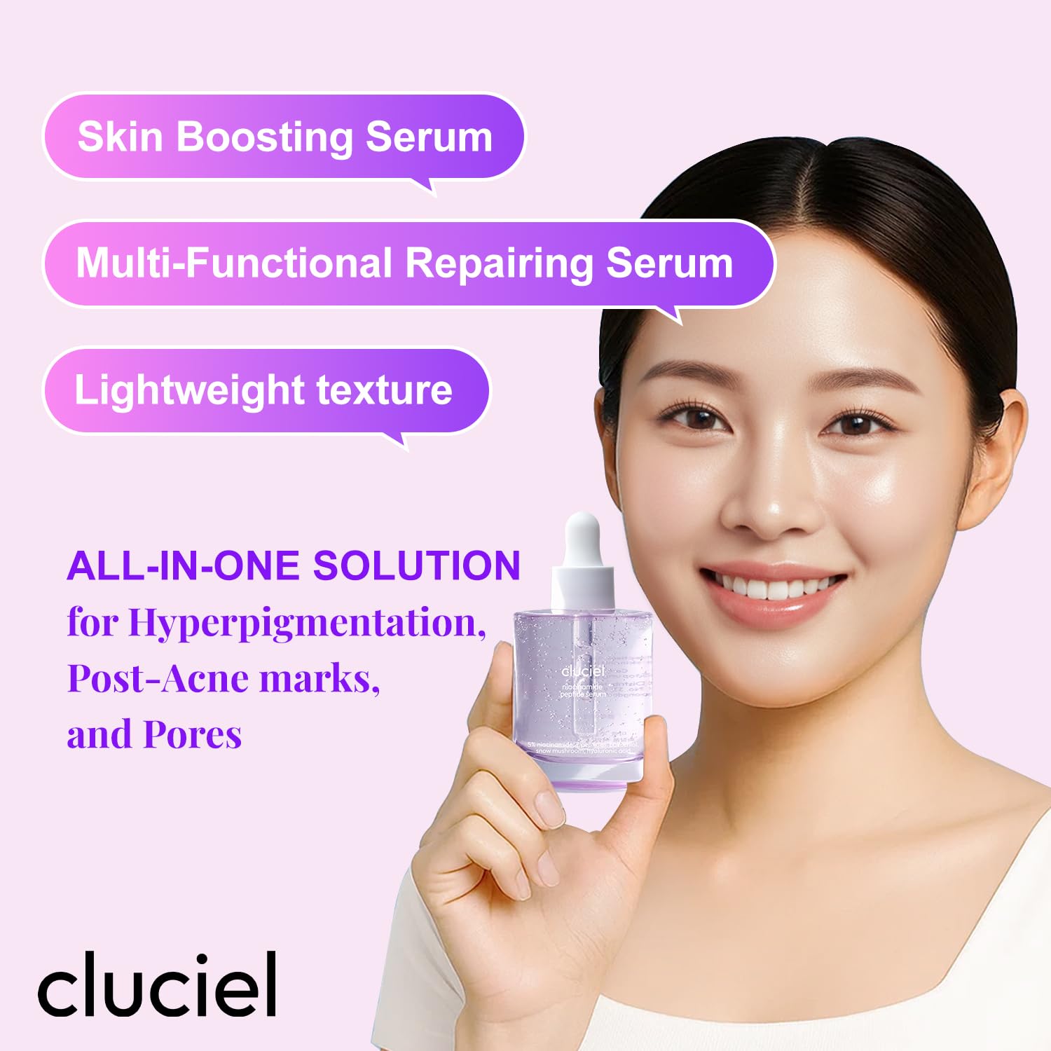 cluciel Niacinamide Peptide Serum, formulation douce sans parfum adaptée aux peaux sensibles.