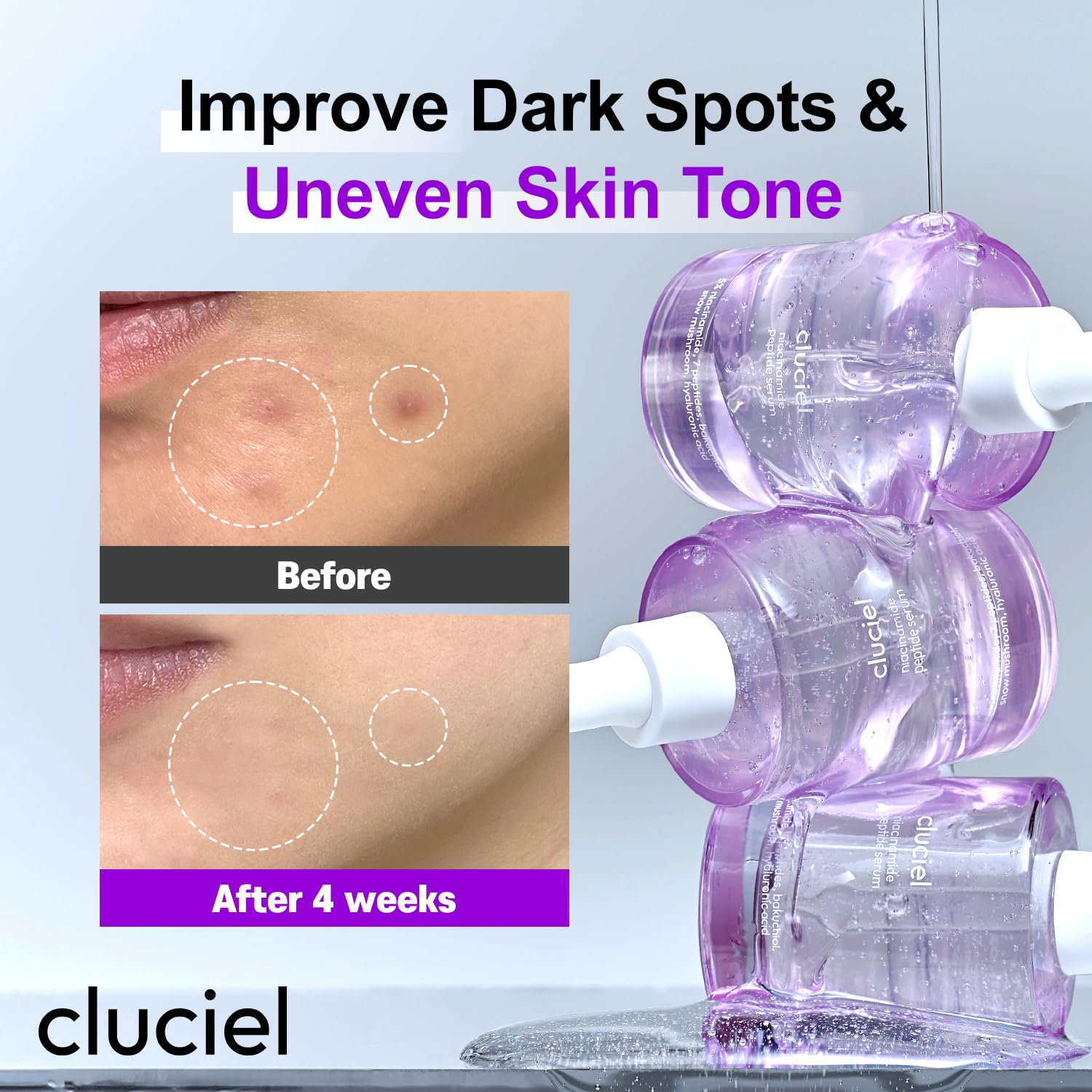 cluciel Niacinamide Peptide Serum, pipette-doseuse pratique pour une dose adaptée et contrôlée.