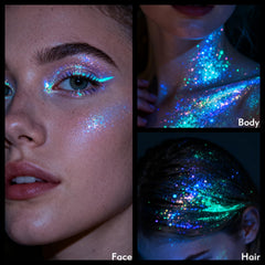CNDNO Glitter Gel sur visage et corps, effet lumineux festival.