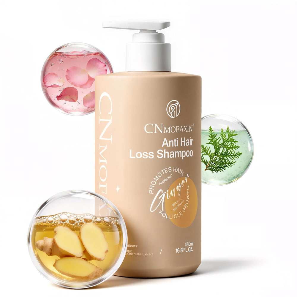 CNMOFAXIN Shampoing anti-chute — bouteille visible, soutien potentiel à la densité capillaire.