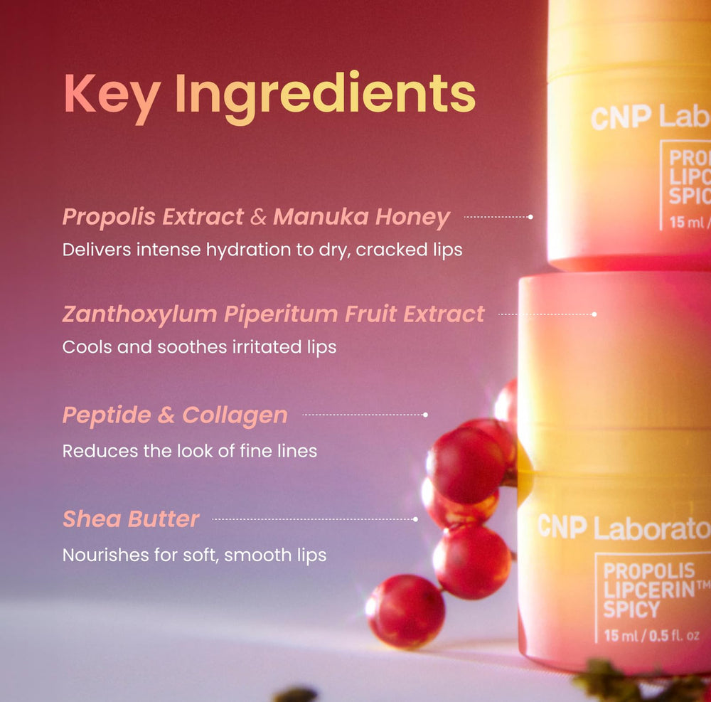 CNP Propolis Extract and Manuka Honey nourish lips for soft texture.