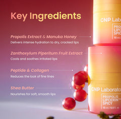 CNP Propolis Extract and Manuka Honey nourish lips for soft texture.