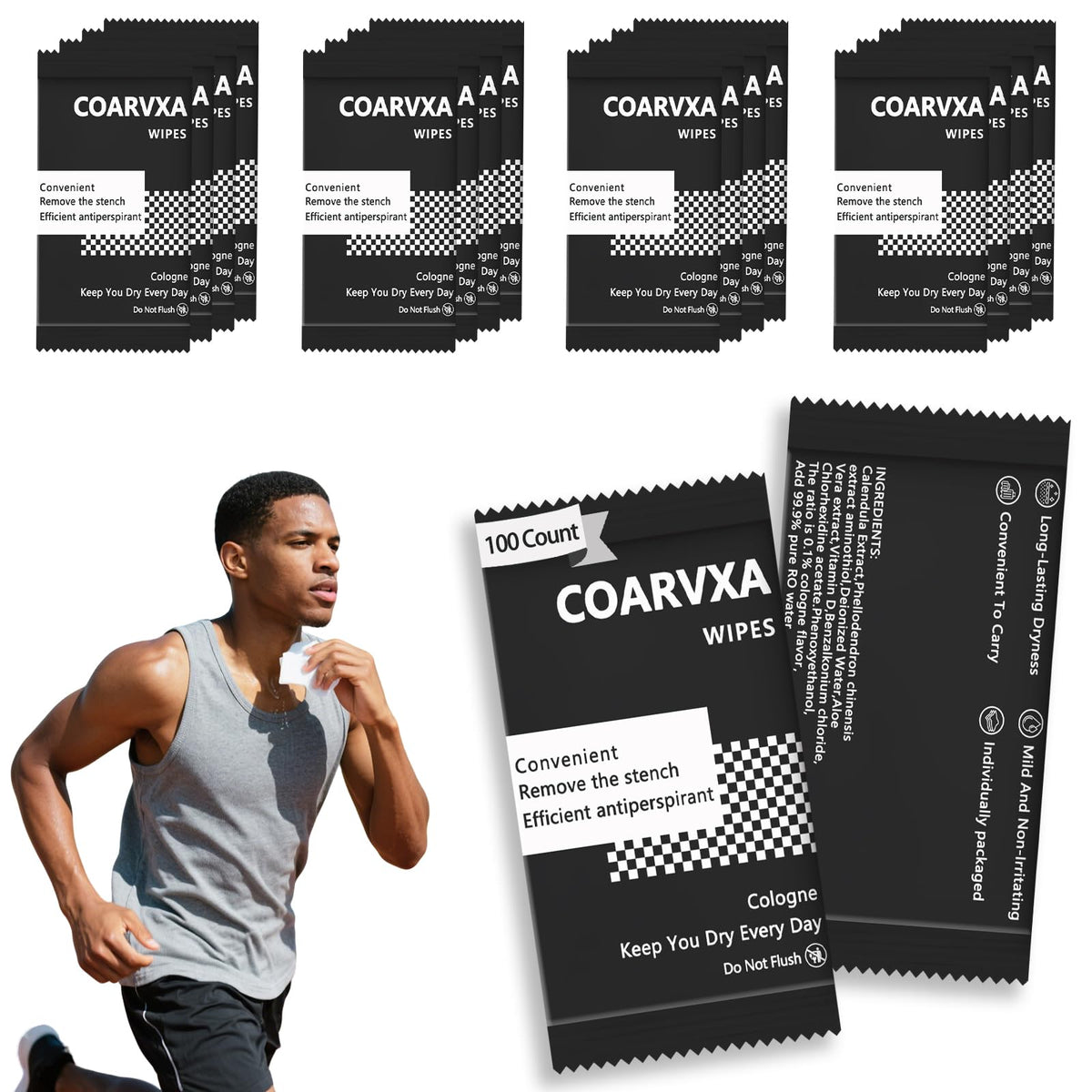 COARVXA Lingettes Cologne Noire dans une boîte pratique pour rester frais en voyage.