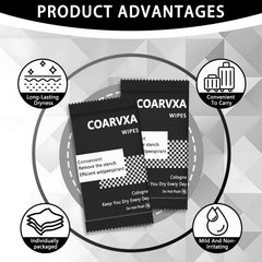 Lingettes COARVXA Cologne Noire en emballage individuel pour hygiène en déplacement.