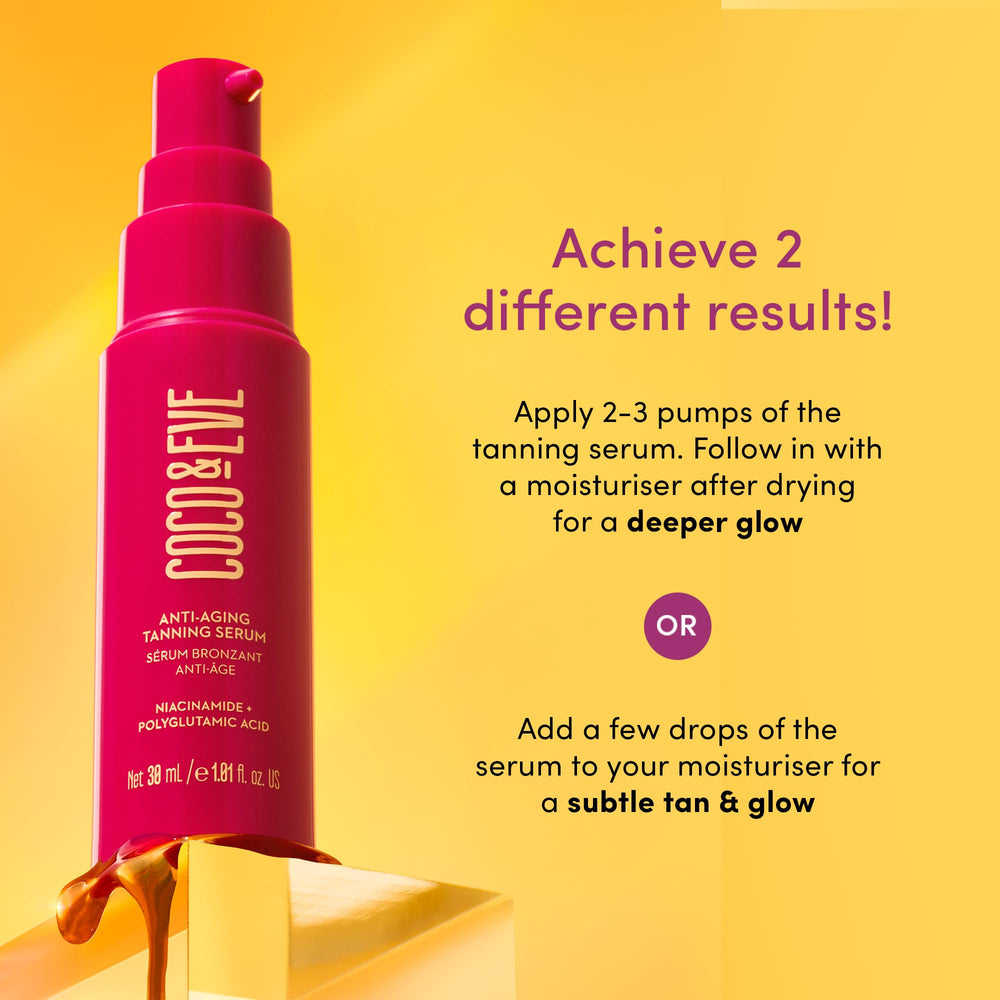 Absorption rapide du serum bronzant Coco & Eve, fini doux et satiné.