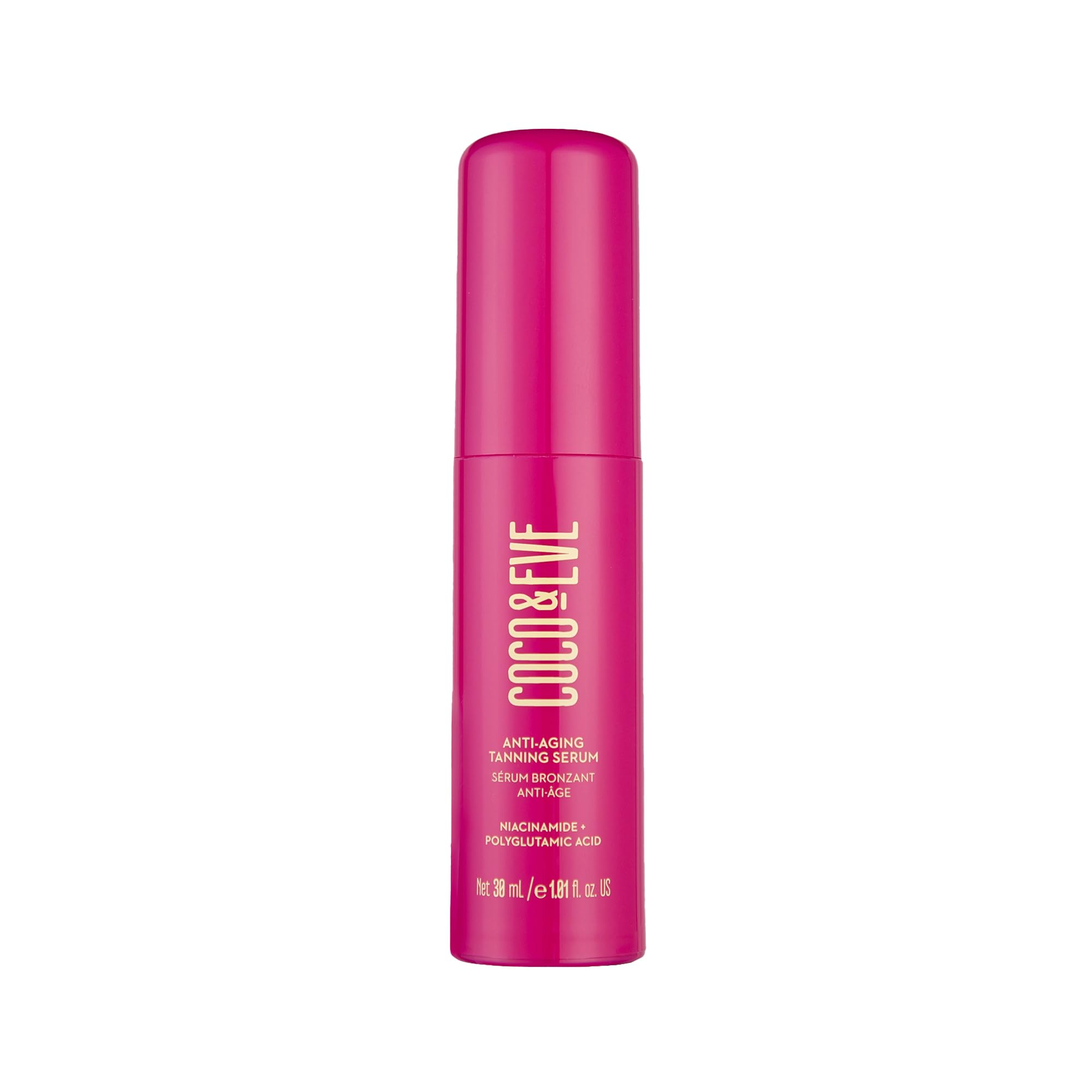 Coco & Eve serum bronzant anti-age en bouteille, hydratation durable et application précise.
