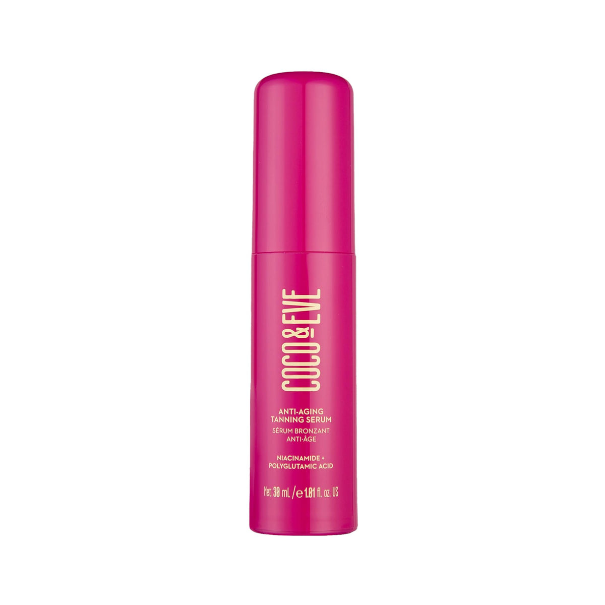 Coco & Eve serum bronzant anti-age en bouteille, hydratation durable et application précise.