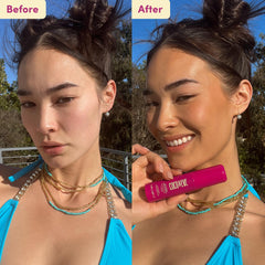 Effet éclat instantané du serum bronzant Coco & Eve sur le visage.