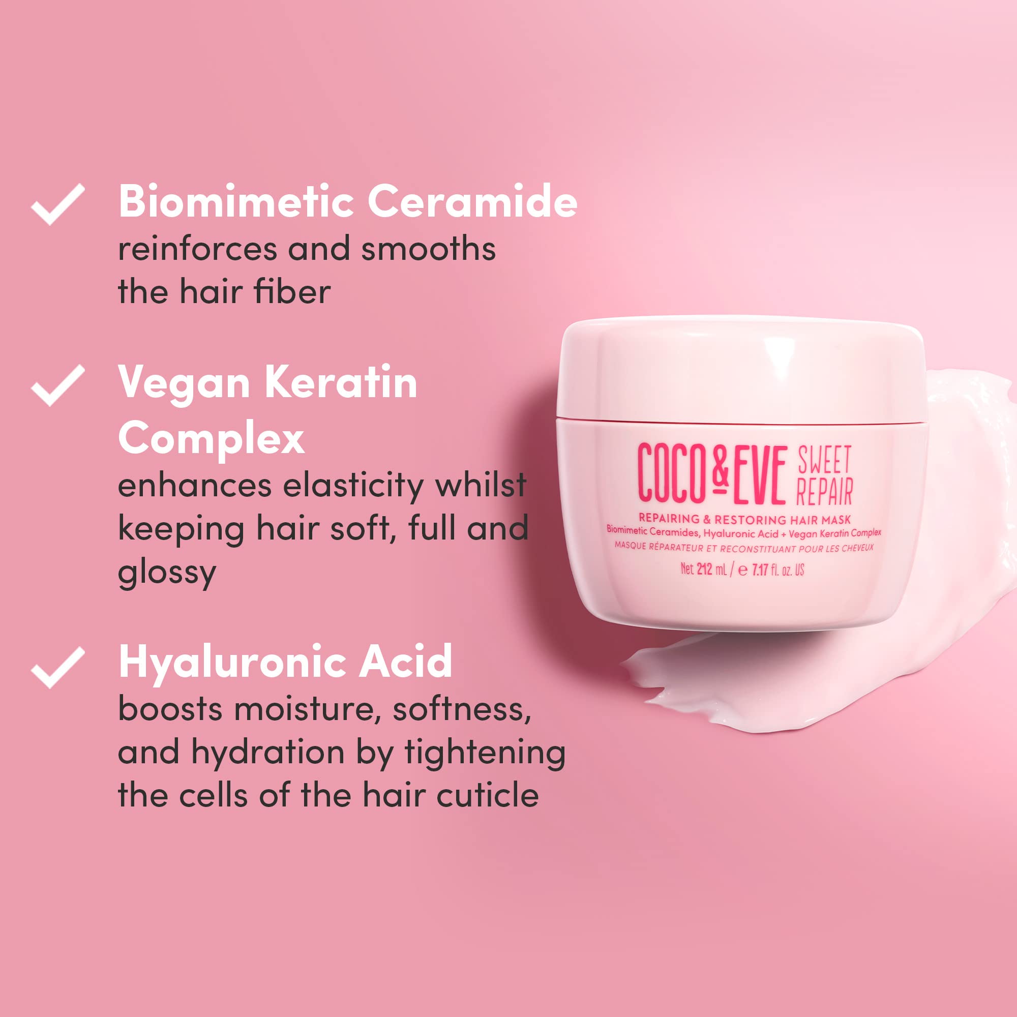 Kératine végan du masque Coco & Eve Sweet Repair pour plus de force.