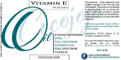 cocojojo vitamin e oil label shot, featuring organic cold pressed quality