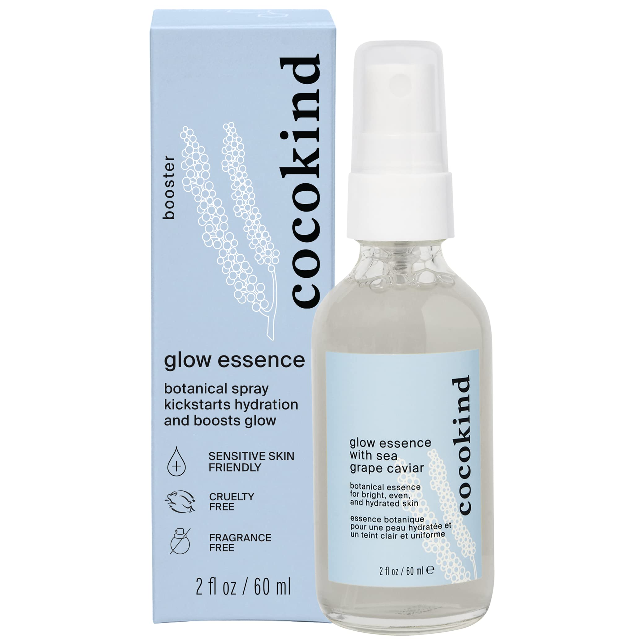 Cocokind Glow Essence, brume visage hydratante apportant fraîcheur et éclat.