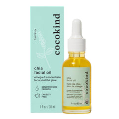 Huile faciale Cocokind Chia Camomille, bouteille 30 ml prête pour hydrater en douceur.
