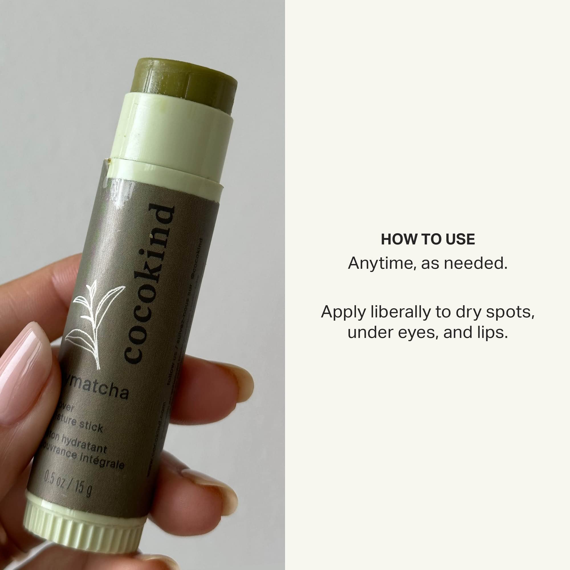 Cocokind Mymatcha Stick — huile-de-coco, base nourrissante pour peau sèche.