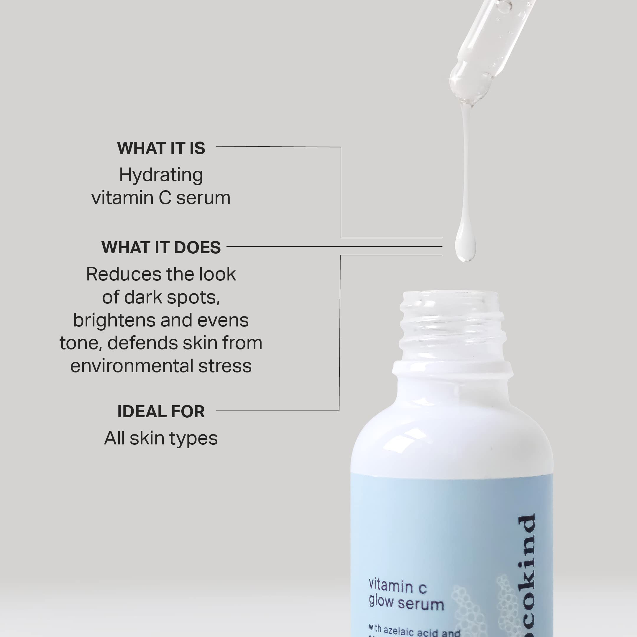Sérum Cocokind avec acide azélaïque et vitamine C, teint plus uniforme.