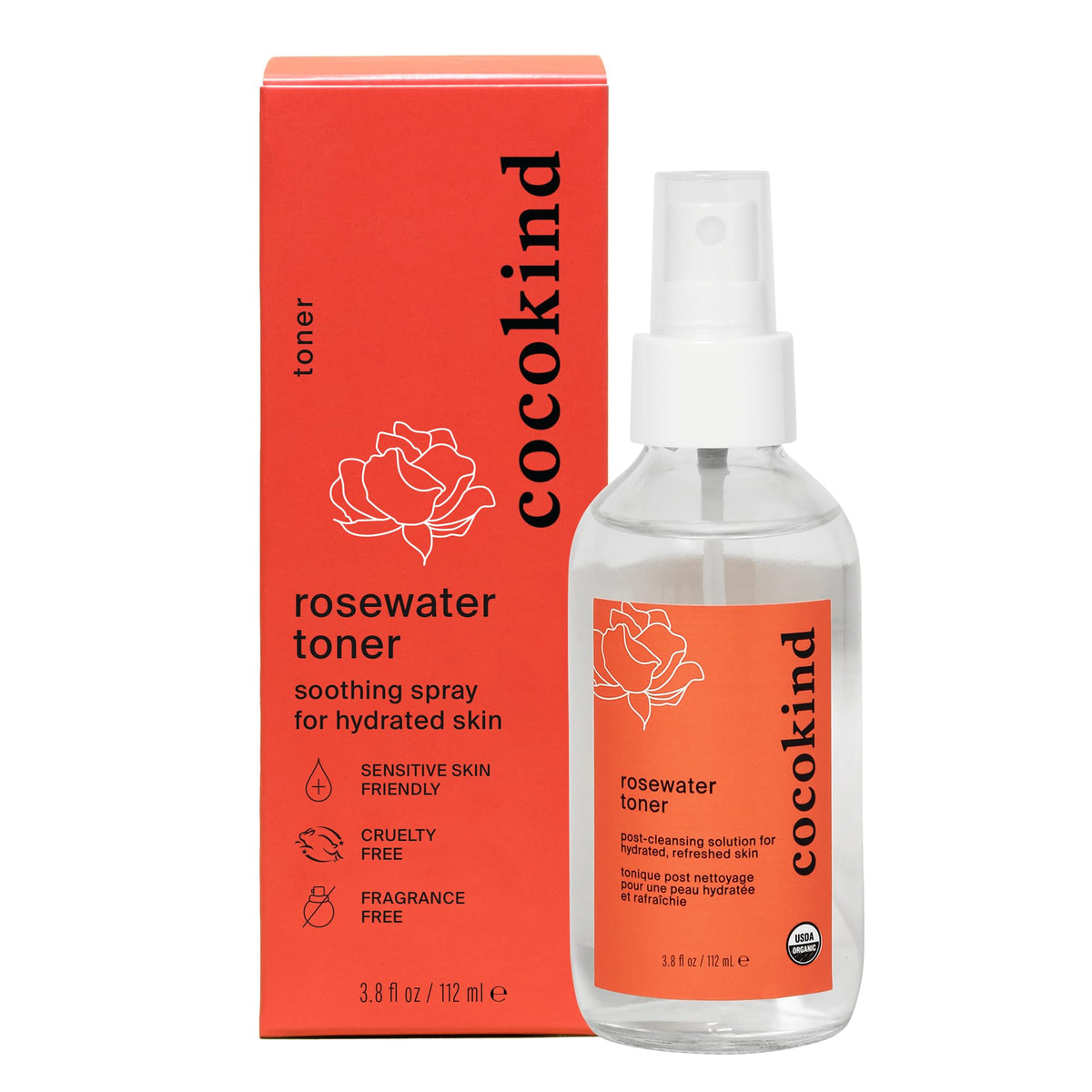 Tonique Cocokind à l'eau de rose : bouteille prête pour hydrater légèrement.