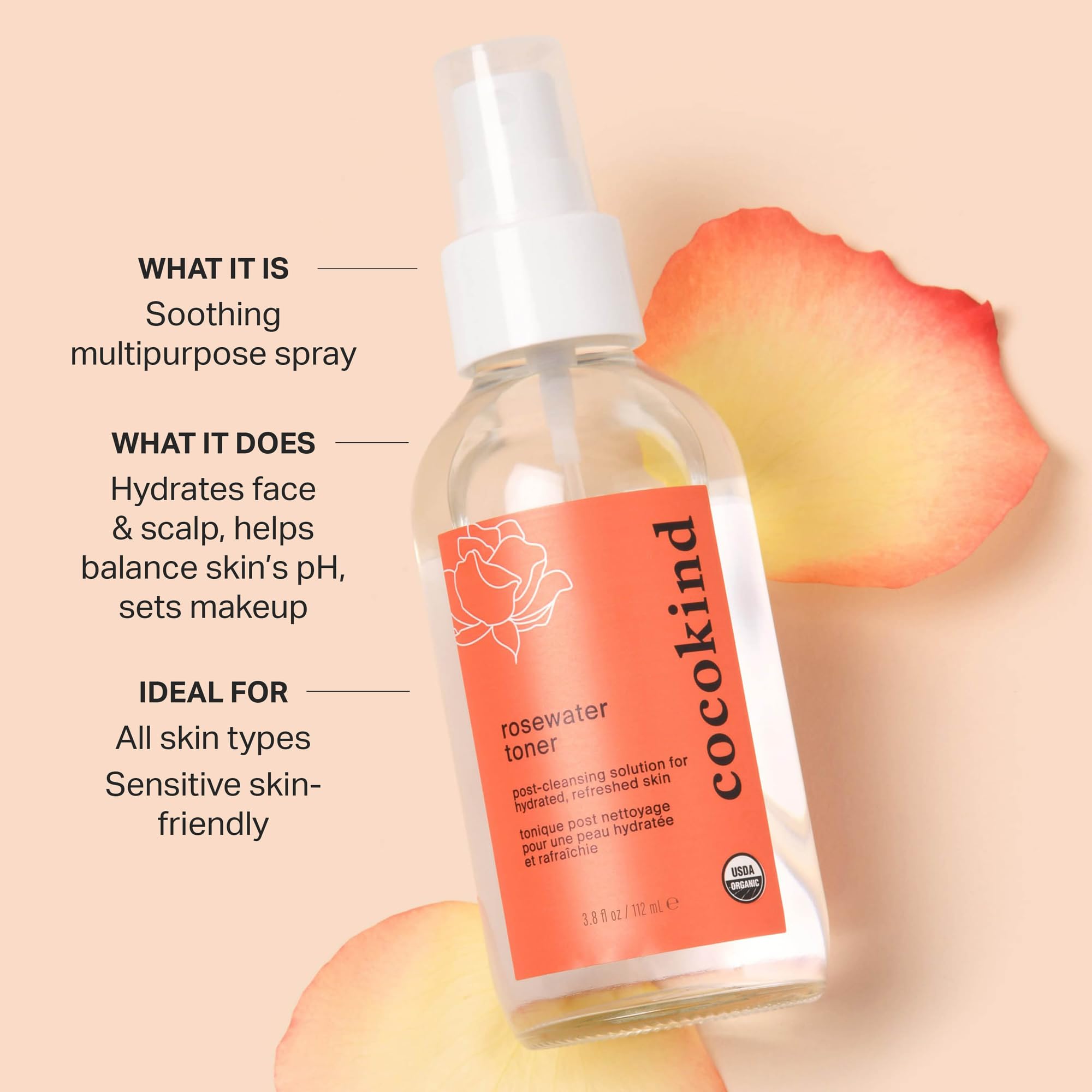 Brume fine de Cocokind sur le visage : apporte fraîcheur et hydratation.