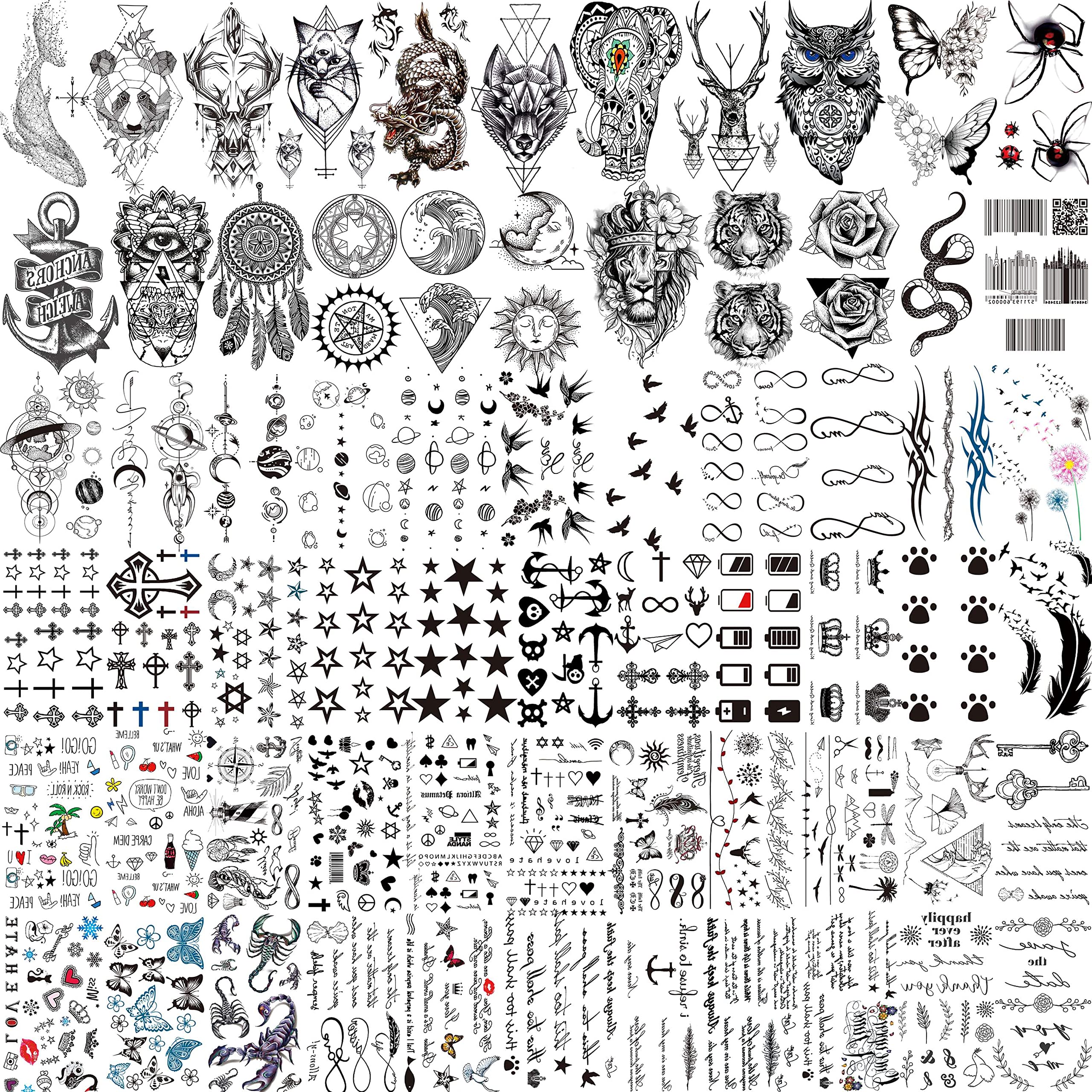 Tatouages temporaires COKTAK noir, 66 feuilles, parfaits pour fêtes et déguisements.