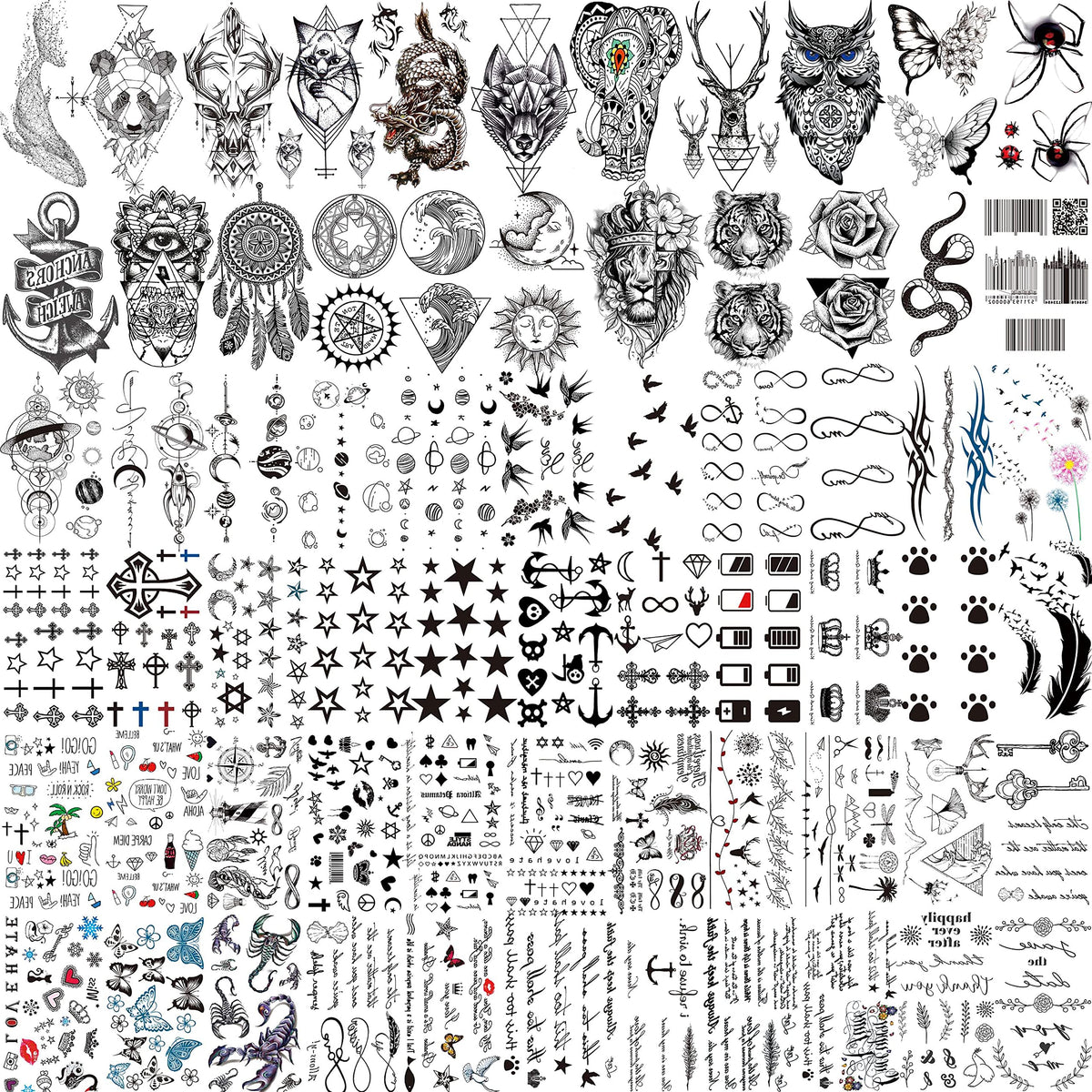 Tatouages temporaires COKTAK noir, 66 feuilles, parfaits pour fêtes et déguisements.