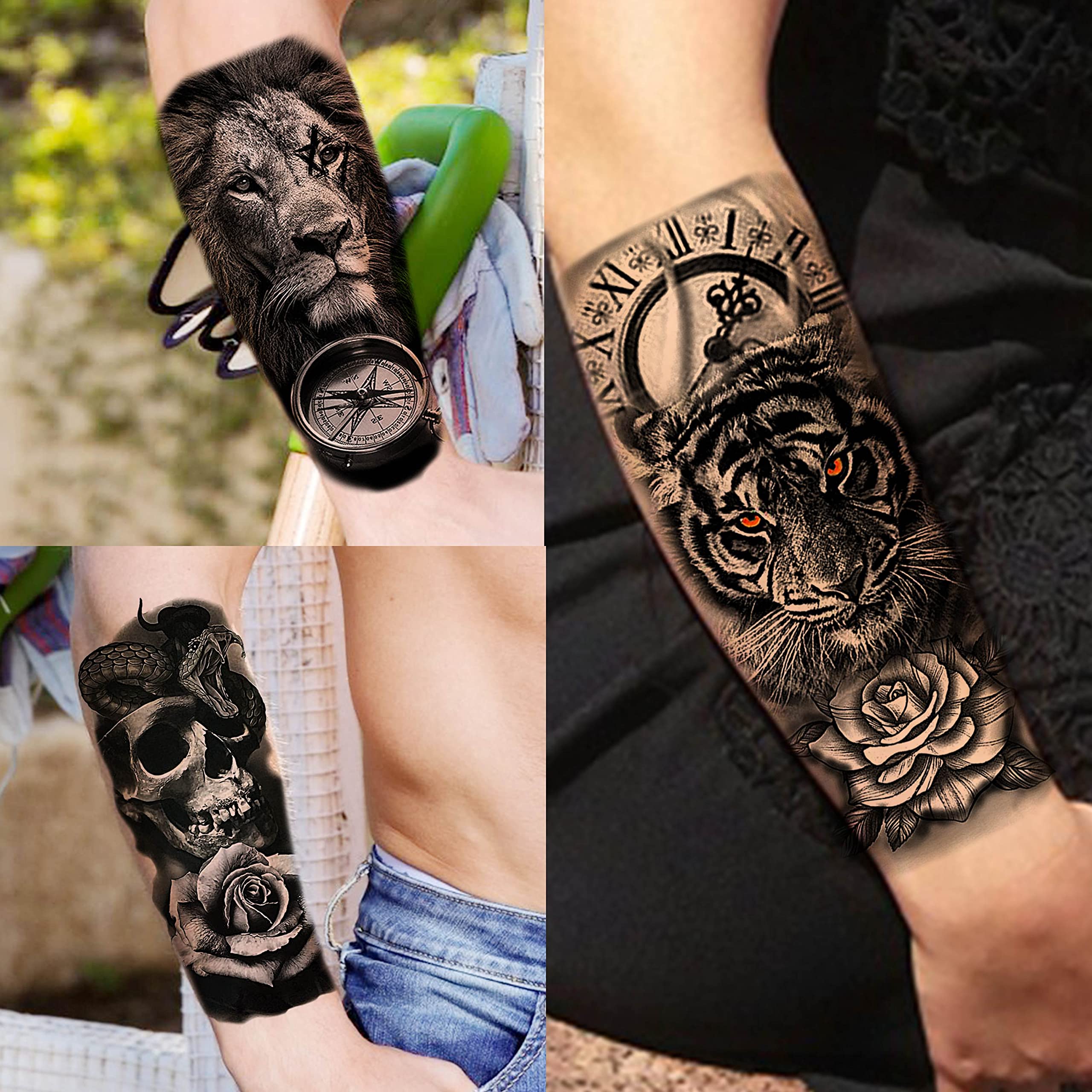 Tatouage noir avant-bras COKTAK fleur et animal, rendu détaillé.