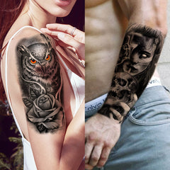 Tatouage temporaire COKTAK sur crâne hibou et animaux, look audacieux.