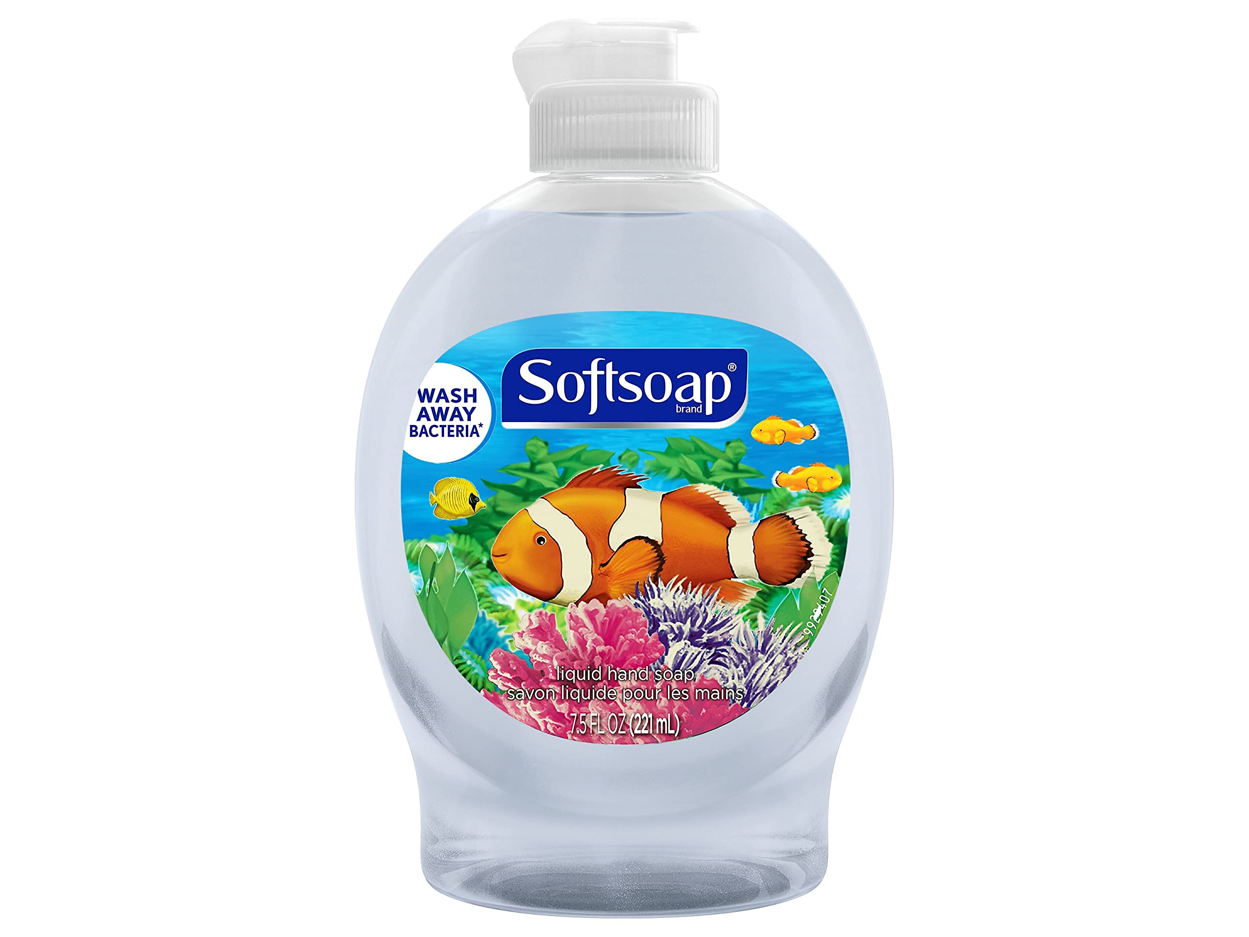 Colgate Softsoap Aquarium Series pump close-up highlighting moisturizing formula.