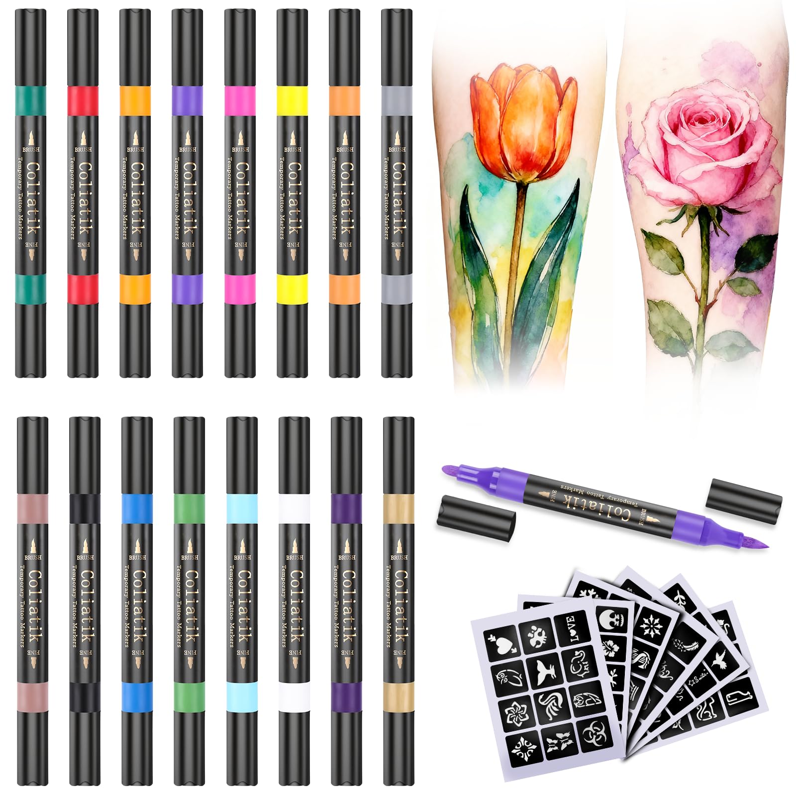 Coliatik kit marqueurs tatouage temporaires, 16 couleurs, prêt à l'emploi pour designs créatifs