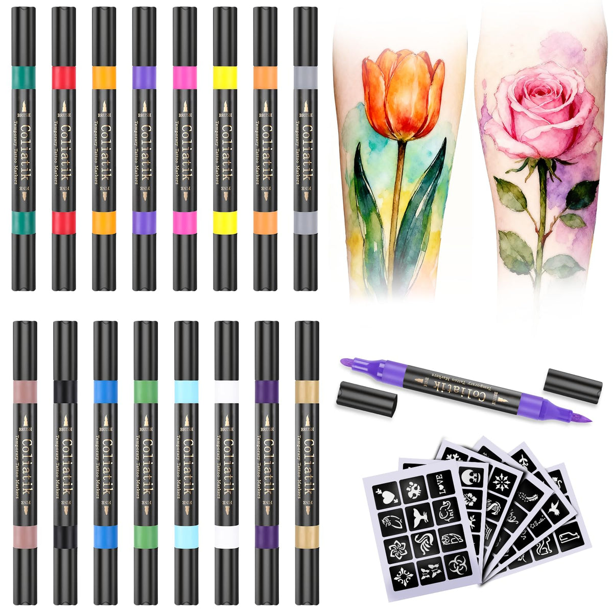 Coliatik kit marqueurs tatouage temporaires, 16 couleurs, prêt à l'emploi pour designs créatifs