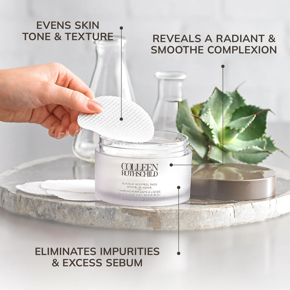 COLLEEN ROTHSCHILD Glycolic Peel Pads: plante d'agave bleu pour douceur hydratante.