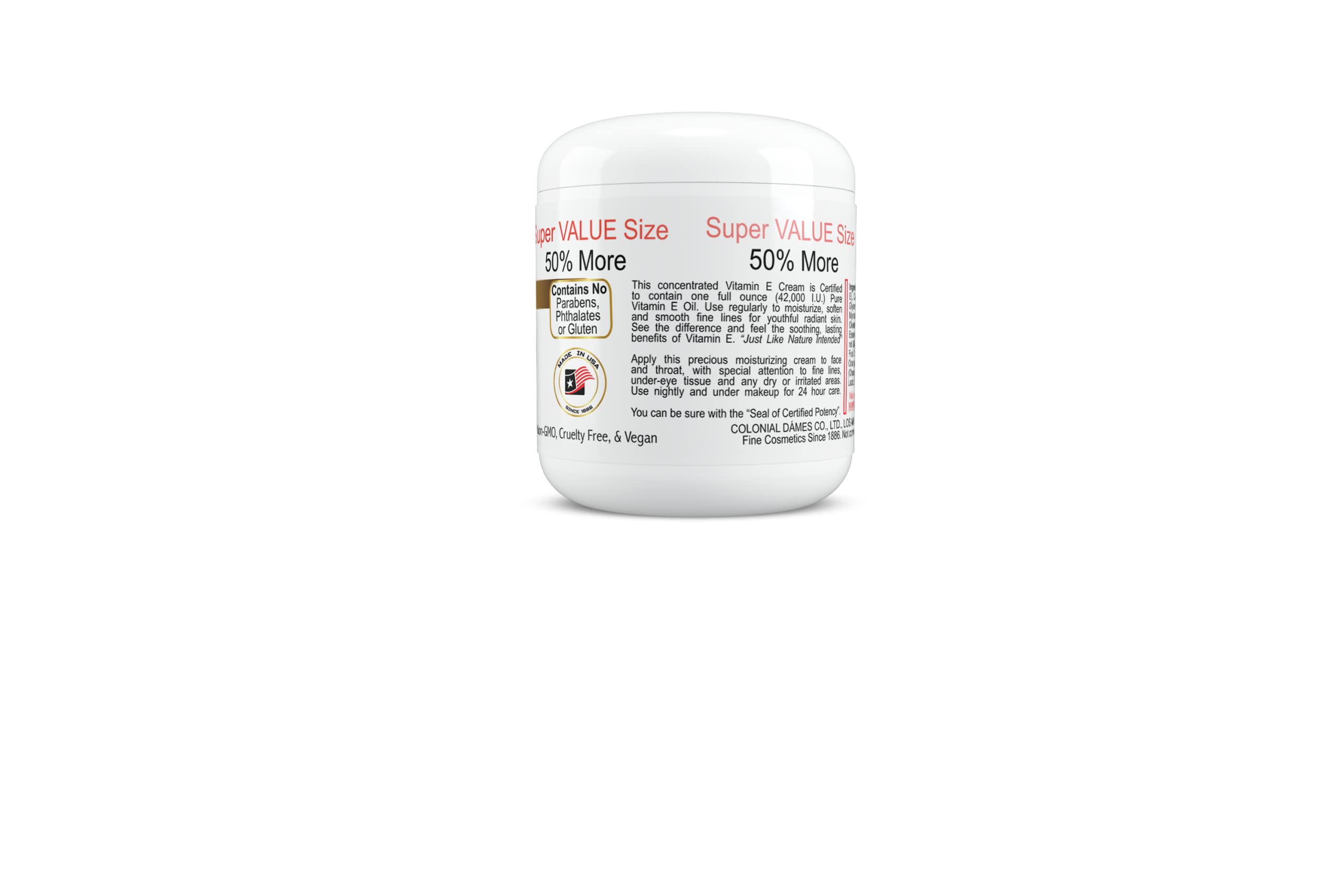 Colonial Dames Crème Vitamine E 42 000 UI — texture riche prête pour un usage nocturne.