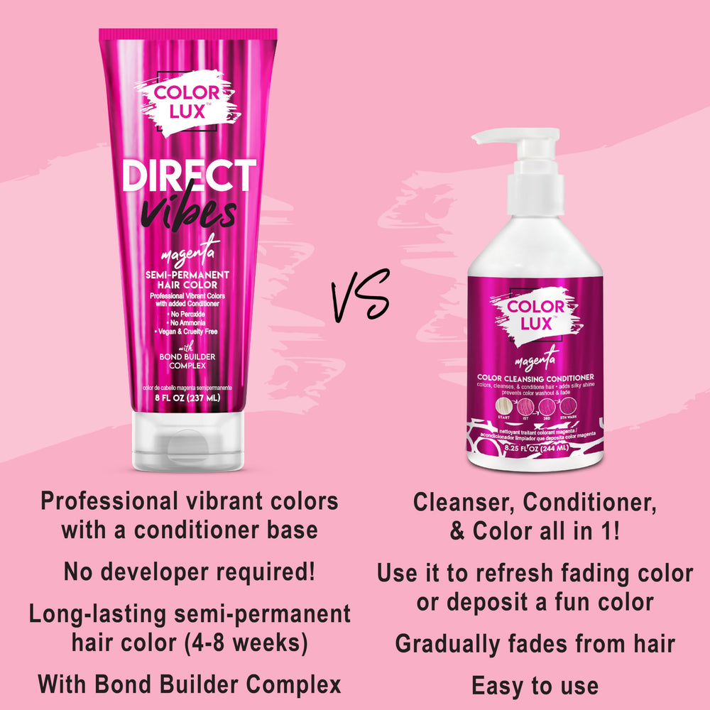 Color Lux Direct Vibes Magenta – échantillon sur cheveux, couleur vibrante.