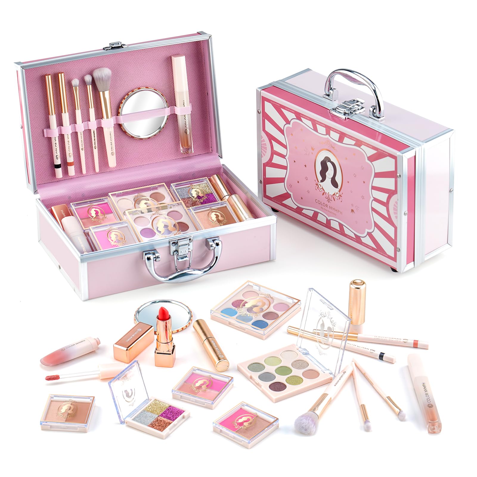 Color Nymph mysterious girls pink train case open for easy makeup access and playful daily routine
