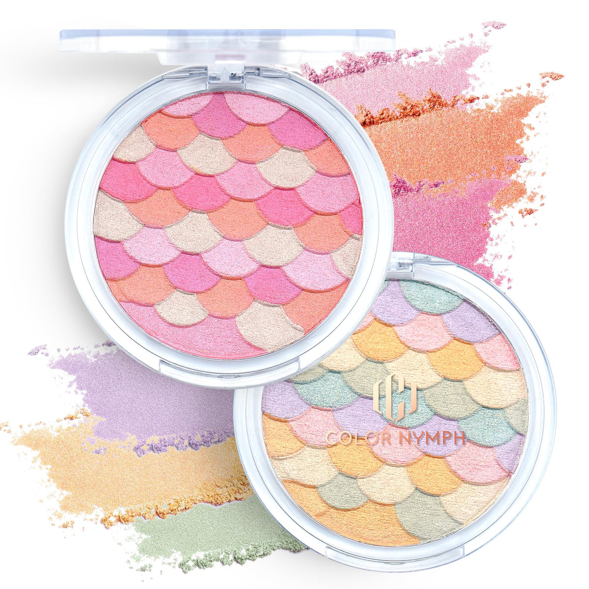 Palette Color Nymph avec design sirène, blush et poudre lumineuse pour un éclat naturel.