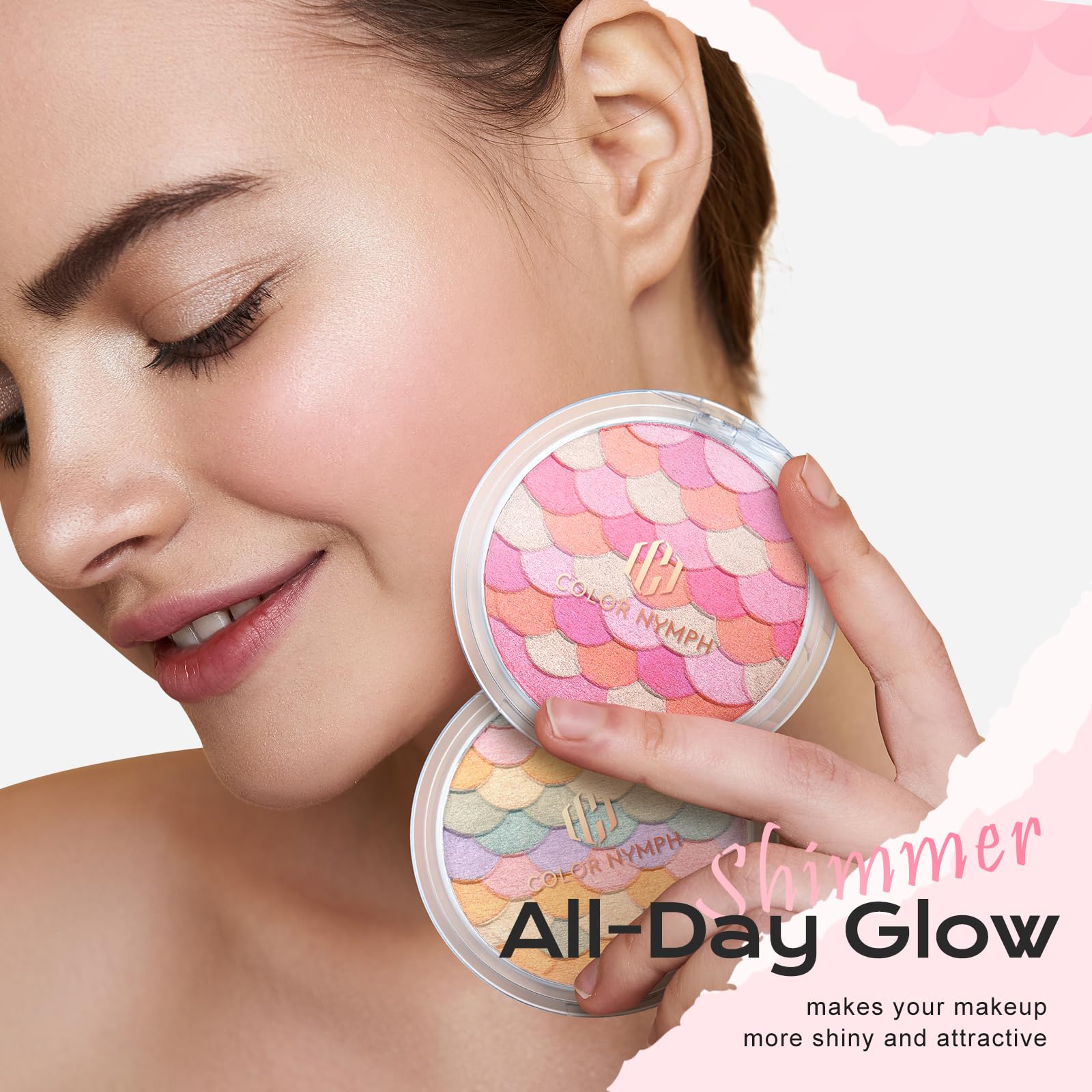 Color Nymph poudre blush rose scintillant, effet velouté sur les pommettes.