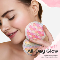 Color Nymph poudre blush rose scintillant, effet velouté sur les pommettes.