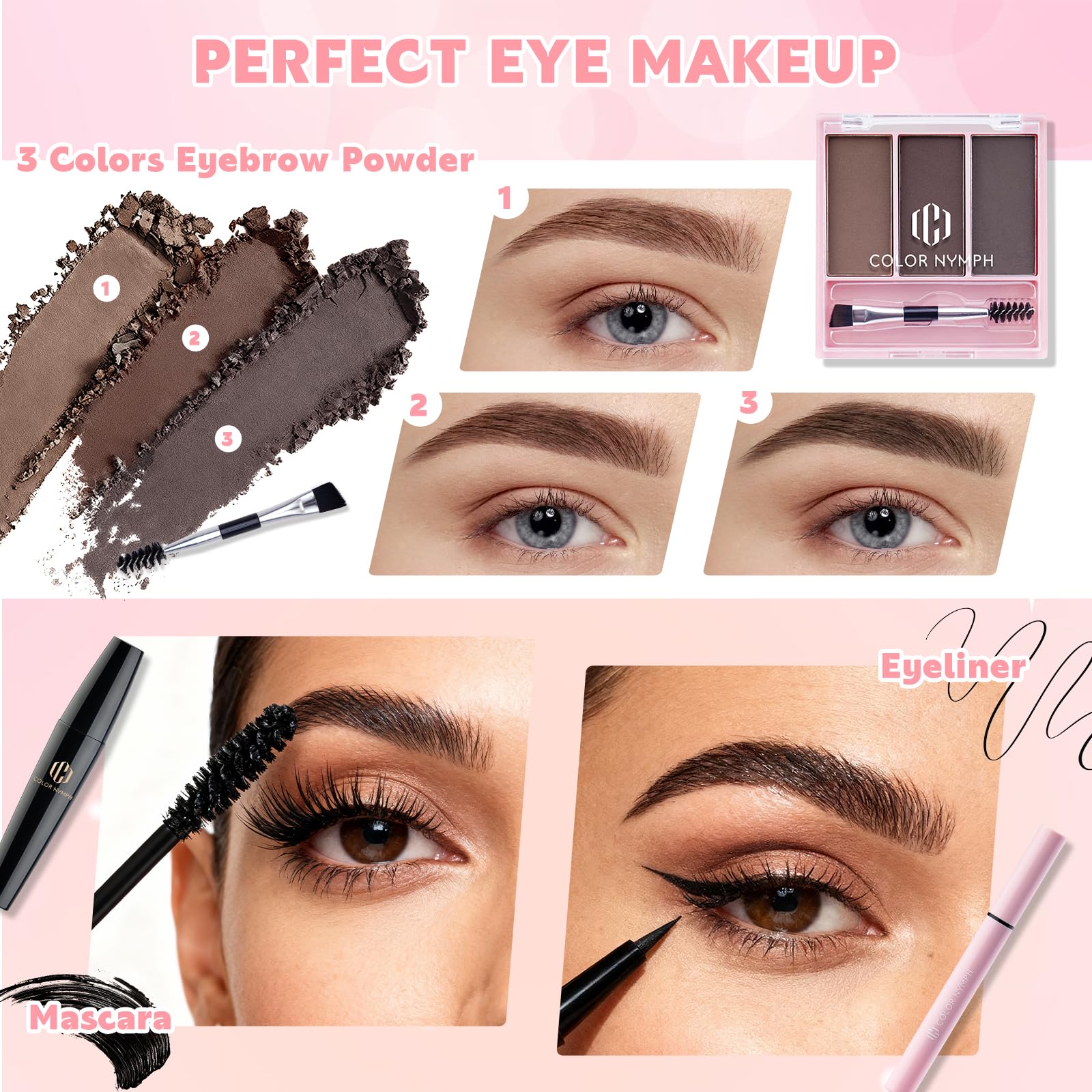 Color Nymph poudre sourcils, trois teintes pour définition naturelle.